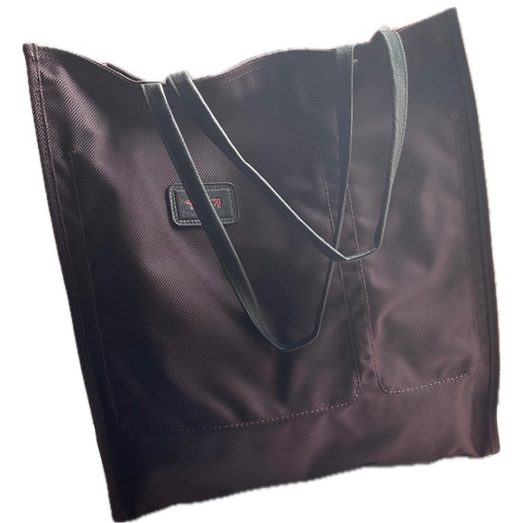 TUMI Eggplant Fabric Tote with Black Leather Handles